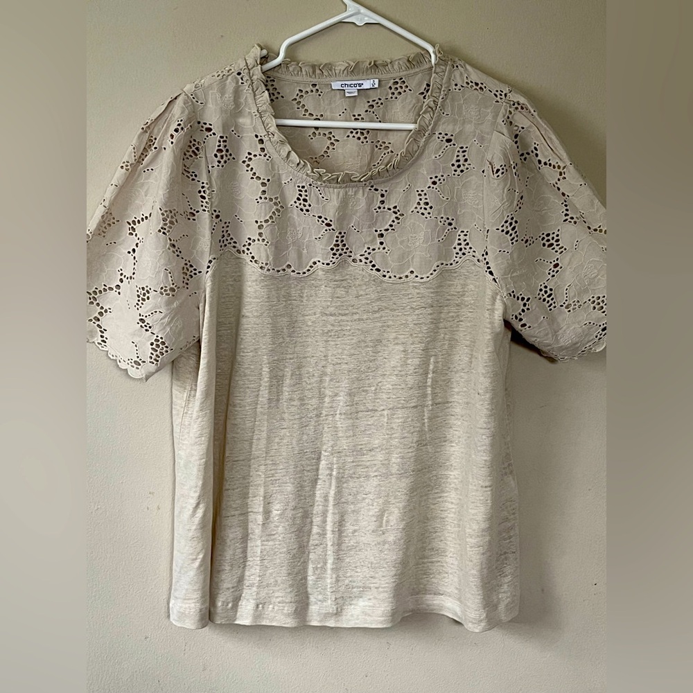 Chico’s Off-White Embroidered Tee Size 3